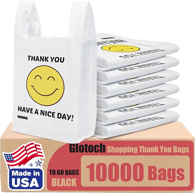Glotoch 10000 (10K) Ct Plastic Thank You T-shirt Bags Smile Face, 11.5 x 6.5x 21" Have Nice Day Grocery Shopping Gift Bag with Handles for Restaurant, Retail, Togo, Convenience Store, in Bulk Business
