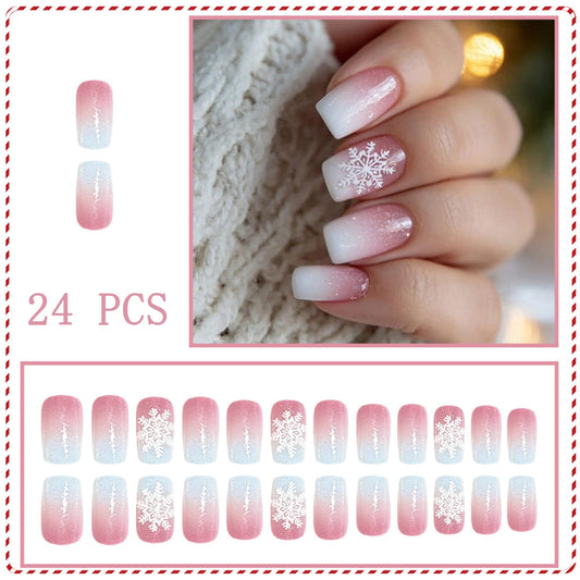 Christmas French Tip Press on Nails Square Medium Snowflake Fake Nails Winter Nude Pink Gradient Glitter False Nail Full Cover Reusable Acrylic Nails Christmas Glue on Manicure for Women 24Pcs