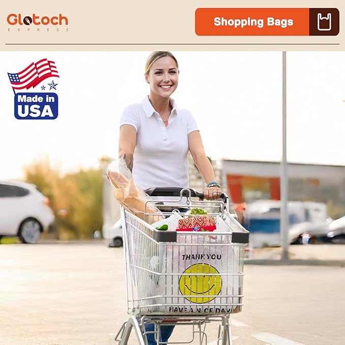 Glotoch 10000 (10K) Ct Plastic Thank You T-shirt Bags Smile Face, 11.5 x 6.5x 21" Have Nice Day Grocery Shopping Gift Bag with Handles for Restaurant, Retail, Togo, Convenience Store, in Bulk Business