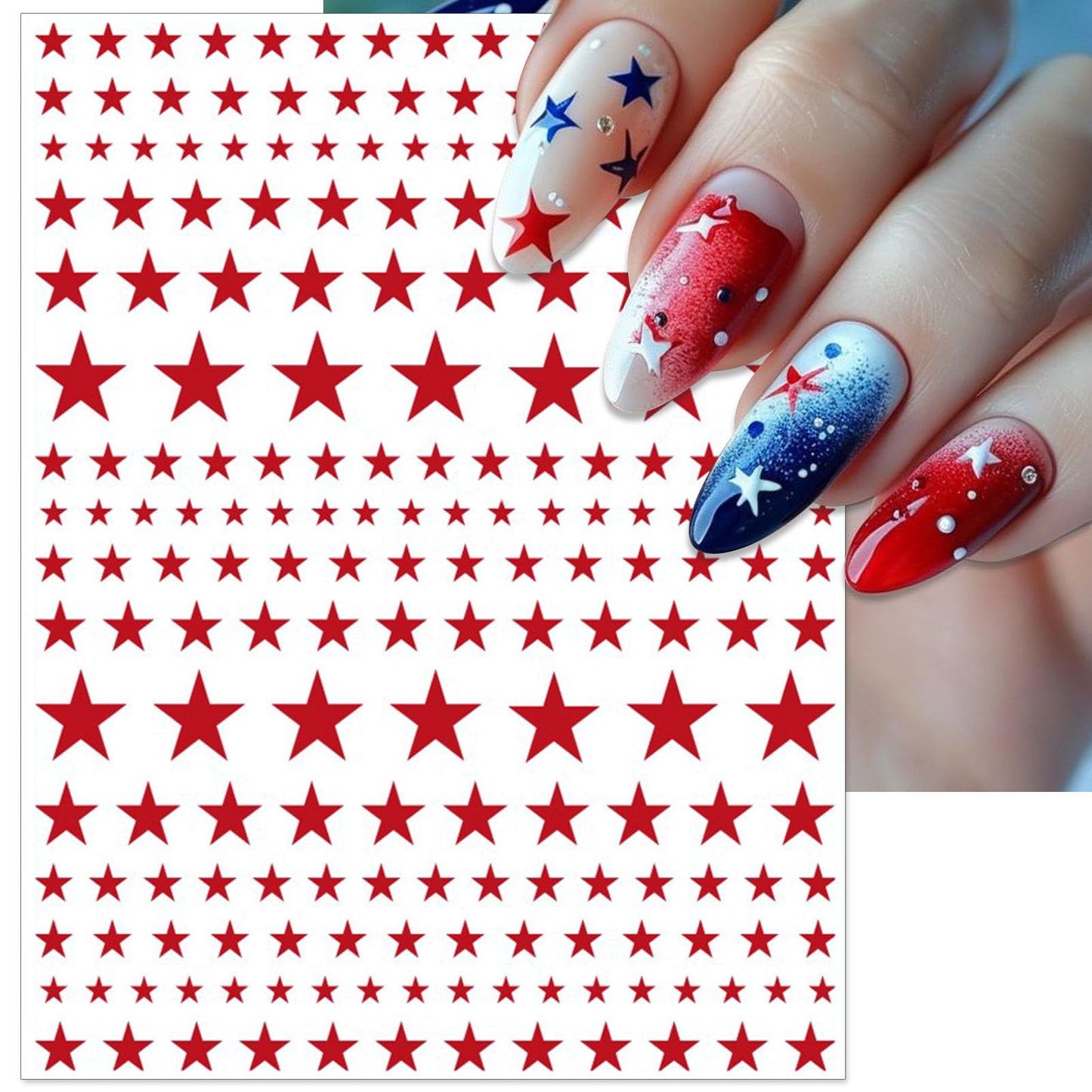 IDDFEVE 4th of July Nail Stickers, Red Blue White Star for Independence Day Patriotic Nail Decals, 3D Design Self-Adhesive USA Flag Star Nail Art (6 Sheets)