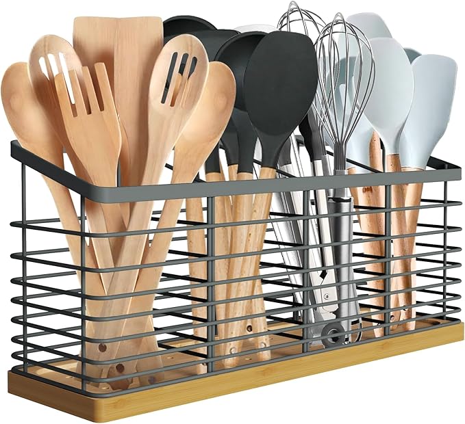 Suli Extra Large Kitchen Utensil Holder with 4 Compartmentsï¼Metal holder with Wooden Base for Kitchen Countertopï¼Farmhouse Cooking Utensil Storage, Rustic Cooking Utensil,Grey
