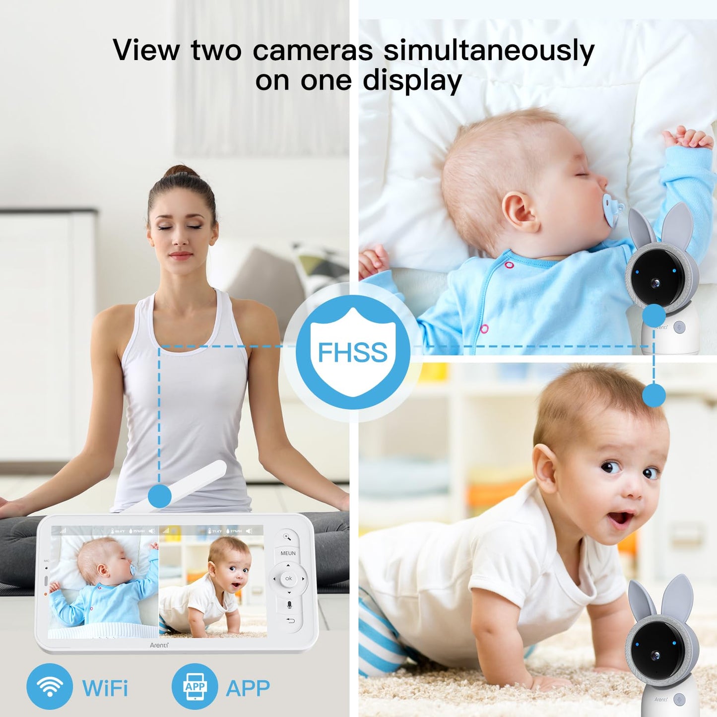 ARENTI Upgraded Baby Monitor with 2 Cameras, 4MP 2.4G&5G WiFi Baby Camera Monitor, Infrared Night Vision, Night Light, 2-Way Audio, Cry&Motion Detection, Temp&Humidity Sensor, App Control