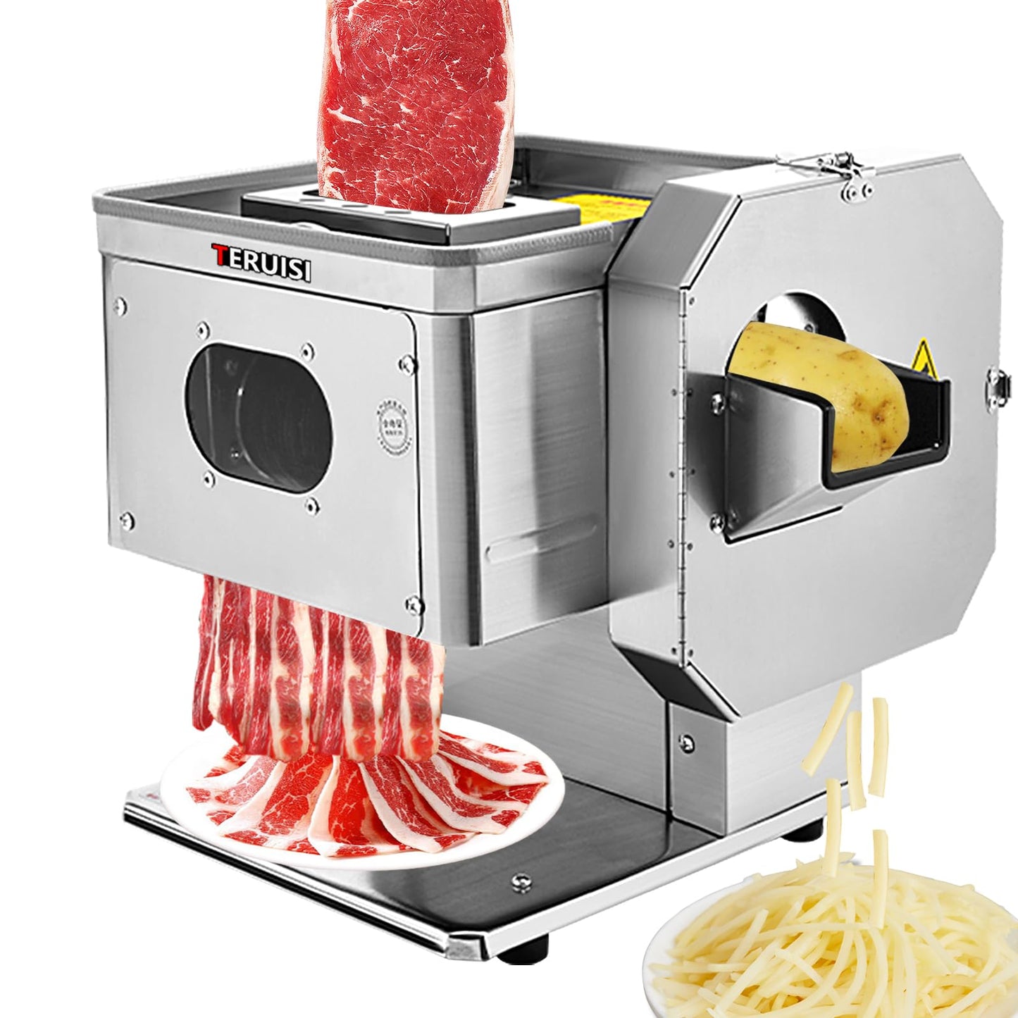 TERUISI Meat Cutter Machine, 850W Commercial Meat Slicer with Side Vegetable Slicing & Shredding, 3-In-1 Electric Food Slicer for Slices Cubes Minces, 550LBS/H, Asia Plug 110V (Slice Thickness:5mm)