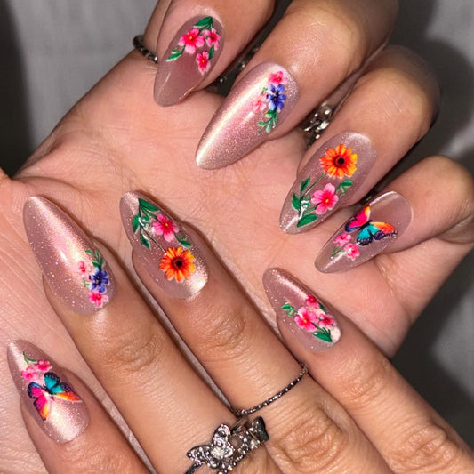 Spring Press on False Nails Pink Cat Eye Glue on Nails Medium Almond Fake Nails with Colorful Butterfly Flower Designs Glossy Press ons Stick on Nail for Women Manicure 24Pcs