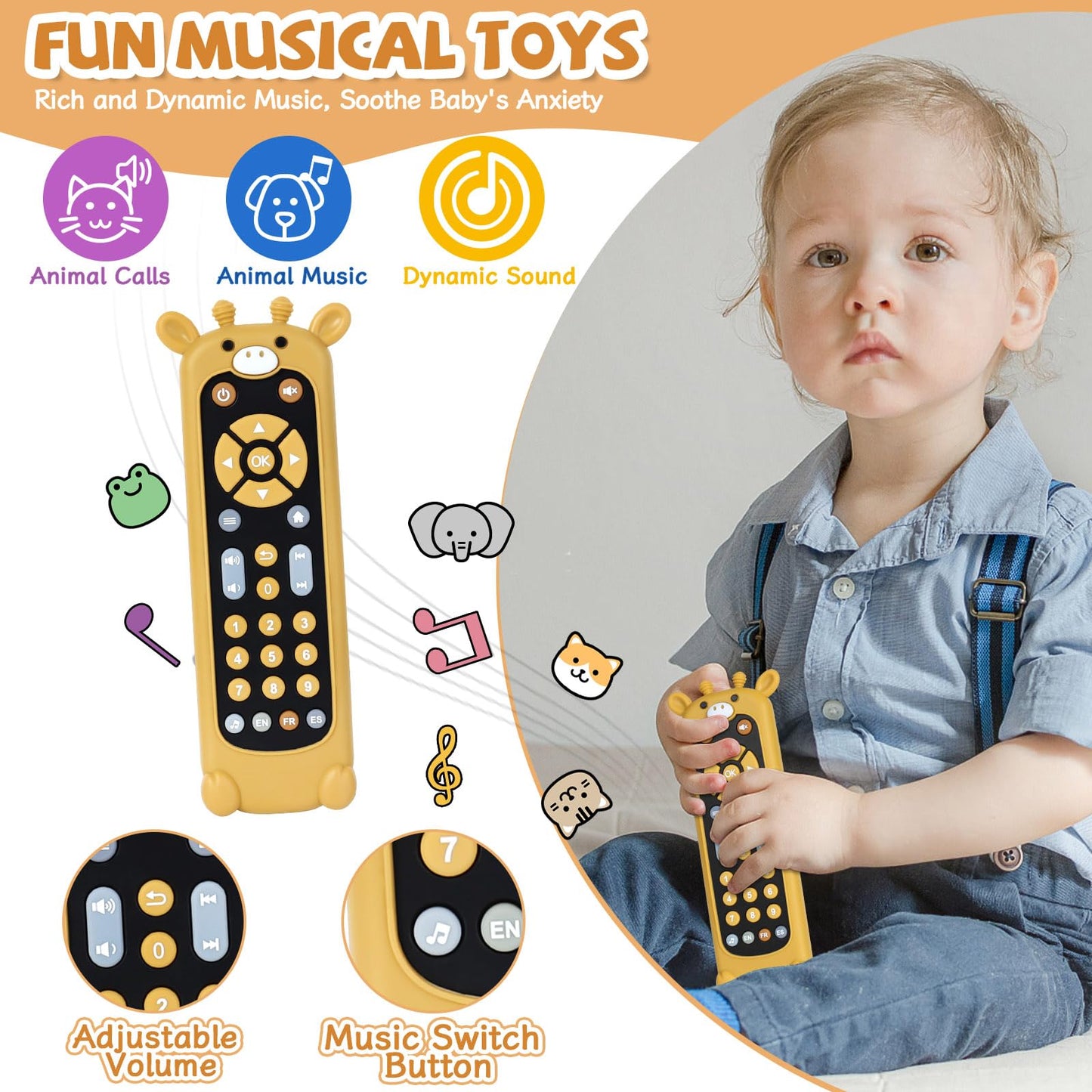Orzbow Baby Remote Control Toy for 6 Month+ with Silicone Giraffe Teether Cover, TV Remote Toy with Realistic Light and Sound - English, French and Spanish for Infant Musical Toys, BPA Free, Black