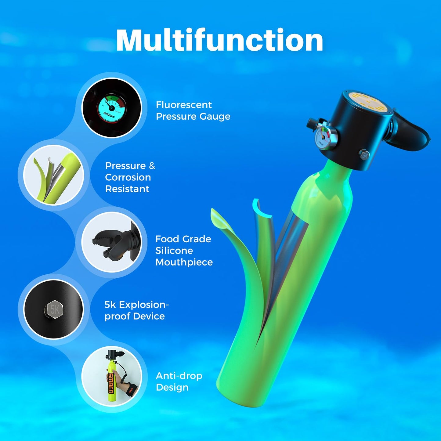 SMACO S300 Plus Mini Scuba Tank 0.5L Lung Air Tank Portable Diving Tank for Underwater Exploration Reusable Diving Cylinder Kit for Emergency Rescue Boat Cleaning Backup Air Source Pony Bottle