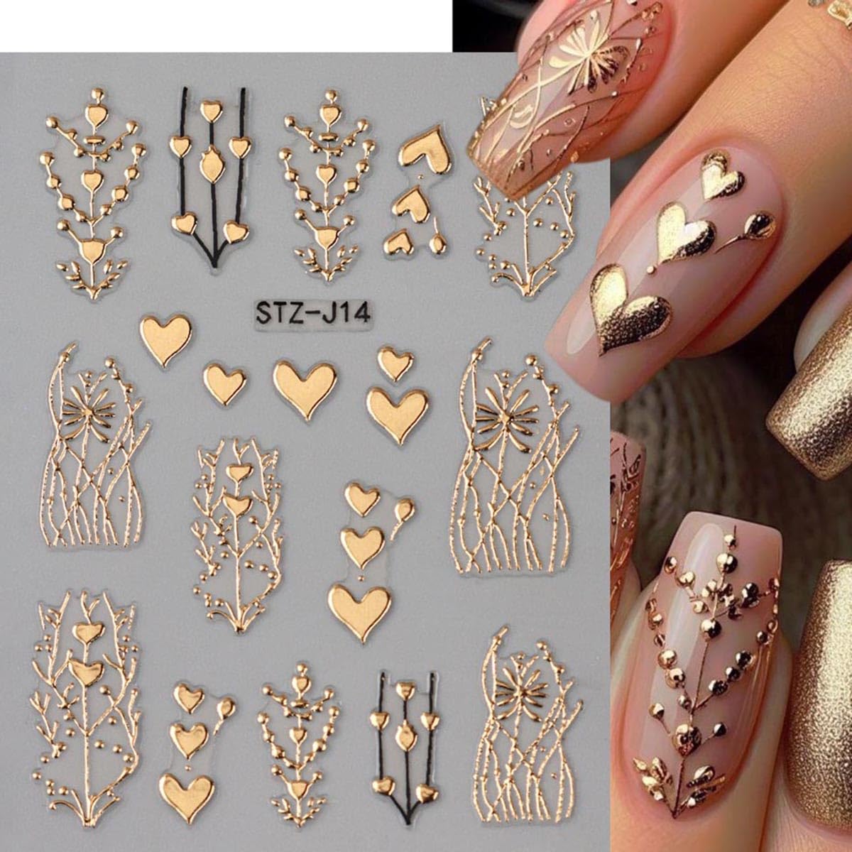 Golden Heart Nail Art Stickers Valentine’s Day Heart Nail Stickers for Nail Art 3PCS 3D Metallic Love Hearts Tree Stripe Design Self-Adhesive Nail Decals for Women DIY Manicure Nail Decorations Supply