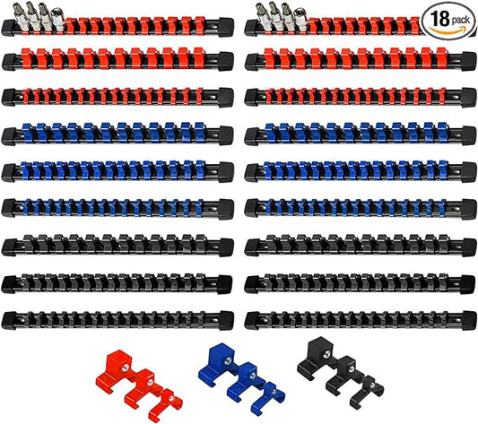 AMM 18-Piece Socket Organizer, 1/2 inch, 3/8 inch and 1/4 inch Drive ABS Tools-Socket Holder,Heavy Duty Socket Racks, Premium Quality Socket Clip Rail Holder,The best tool trays in the garage