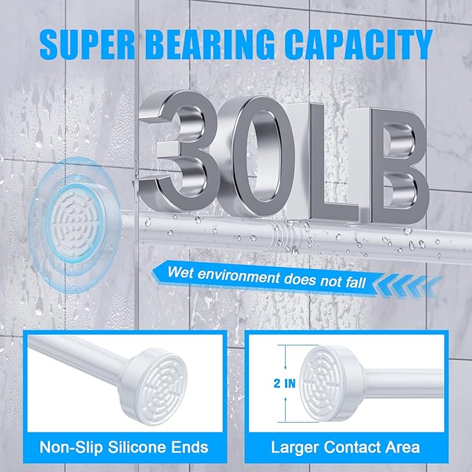TEECK Shower Curtain Rod, 32-104 inch Adjustable Spring Tension Curtain Rod, Never Rust Anti-Slip Shower Curtain Rod for Bathroom, No Drilling, Never Collapse, Easy to Use, White