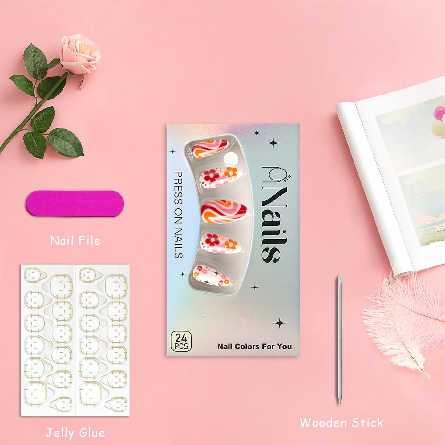 Cute Flower Press on Nails Colorful Swirl Stripe Fake Nails Long Almond Acrylic Glue on Nail Glossy Full Cover False Nail for Women