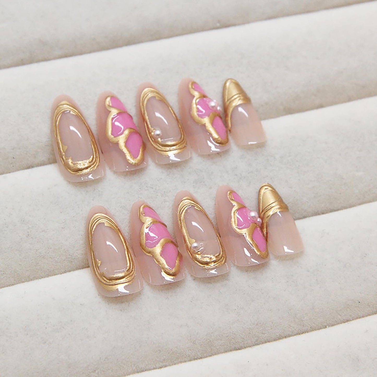 Flower Press on Medium French Tip False Nails - Floral Pearl 3D Gold Lines Design Acrylic Coffin Full Cover Almond Press Ones - Artificial Glue on for Women