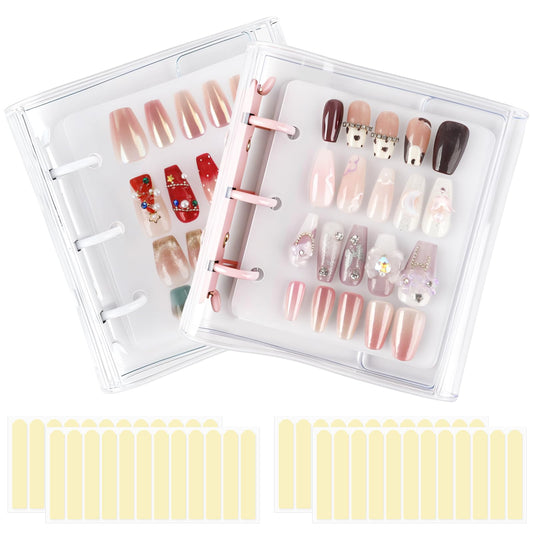 ASTONFOG Press On Nail Organizer, 2Pcs Press On Nail Binder Book with 12 Insert Pages-A8 Sized & Double Sized Tape, Fake Nails Swatch Display Collecting Storage Book(Pink+White)