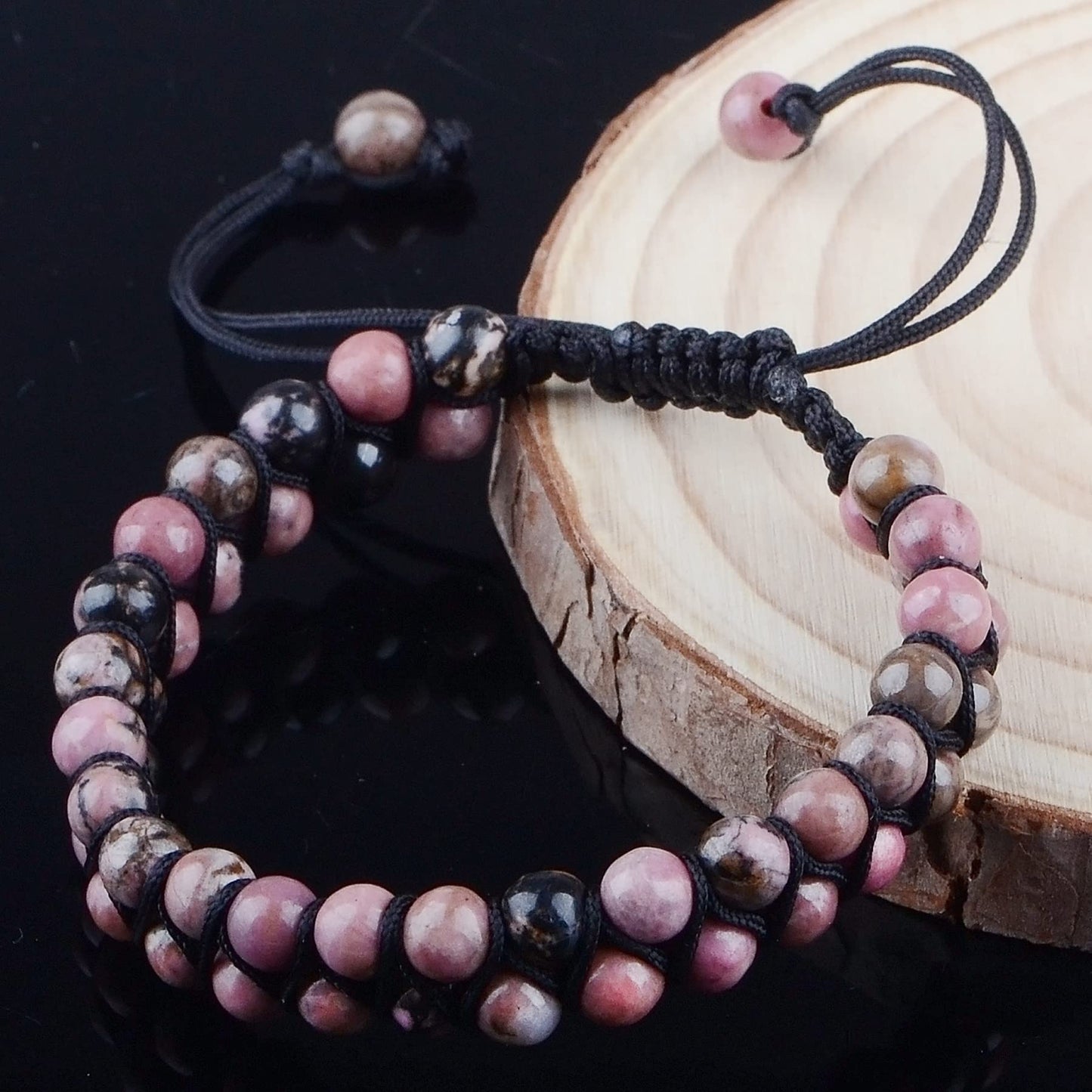 MASSIVE BEADS Natural Chakra Healing Power Crystals Macrame Bracelet Yoga Double Layer Stone Beads Gemstone Meditation Relax Anxiety Bangle for Unisex Women Men (Pink Black Rhodonite, 6mm)