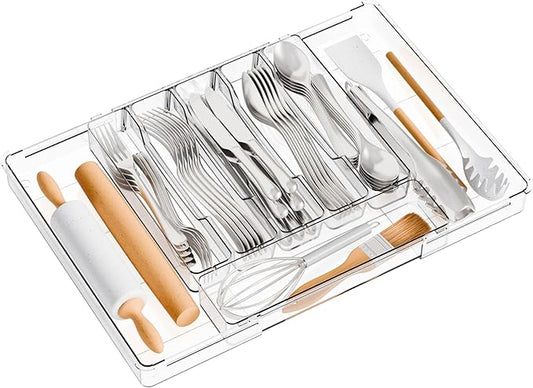 Yieach Large Clear Expandable Silverware Drawer Organizer for Kitchen,BPA FREE Adjustable Utensil Drawer Organizer and Silverware Tray,Plastic Flatware Organizers,Cutlery,Knife,Fork and Spoon Holder