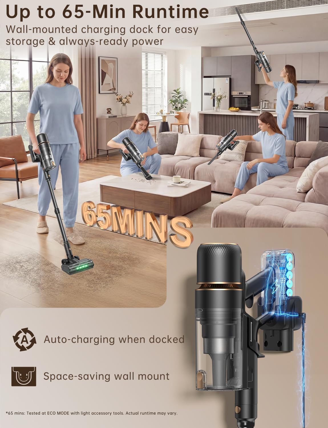 OXVAC Cordless Vacuum Cleaner 600W/58000Pa, 65-Minute Run Time Cordless Stick Vacuum with Self-Cleaning Filtration System, Freestanding, Tangle-Free, Suitable for Carpets/Floors/Pet Hair