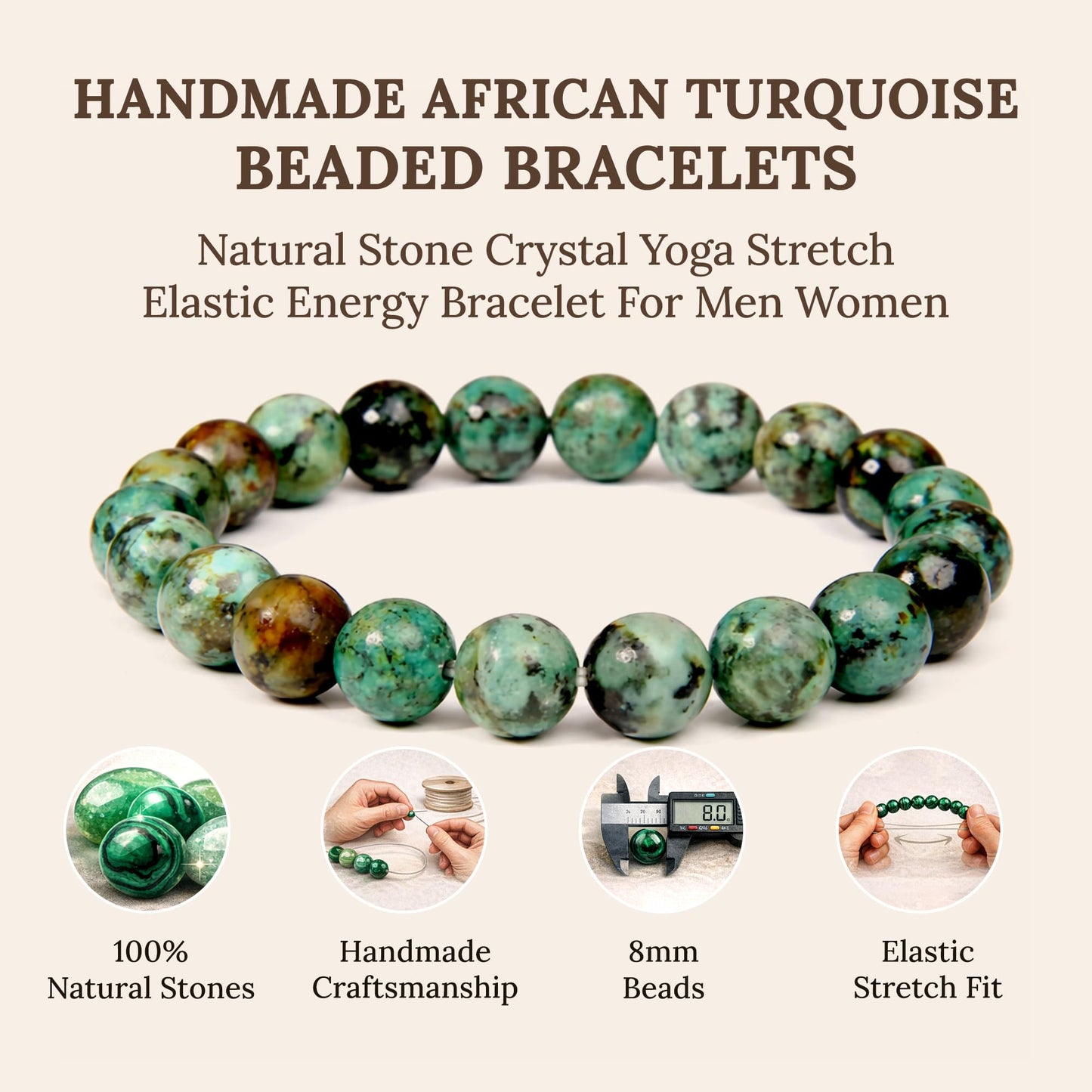 Elm City Direct 8mm Natural Stone Beaded Bracelet – Unisex Crystal Stretch Bracelets for Men & Women, Chakra & Healing Jewelry, Gift-Ready Beaded Bracelets (African Turquoise, 8mm)