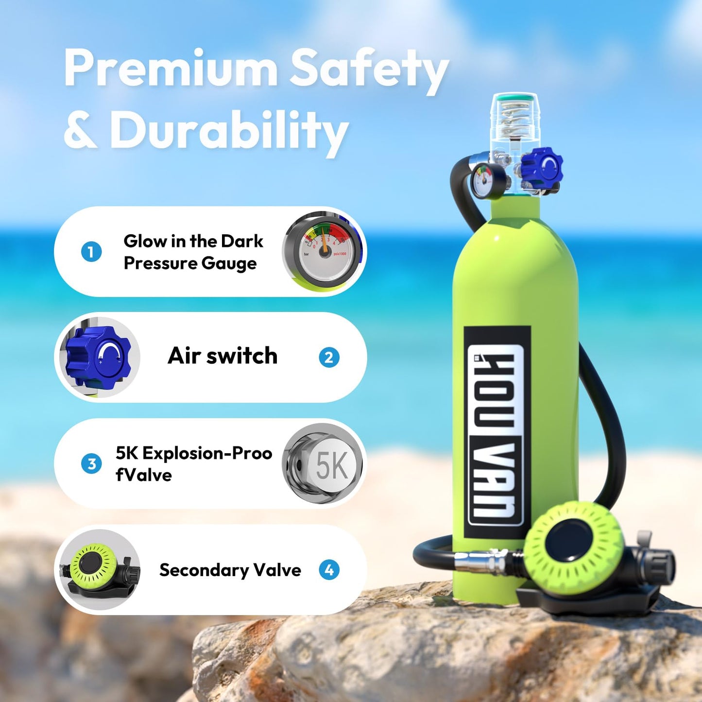 HOUVAN S400 Mini Scuba Tank 1.0L Scuba Tank Portable Diving Tank with On-Off Valve Reusable Underwater Breathing Pony Bottle for Underwater Exploration Emergency/Recreation