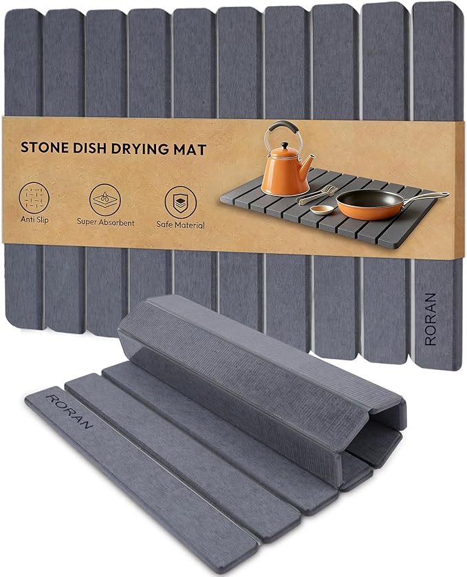 Stone Drying Mat for Kitchen Counter, 24"(L)Ã16"(W), Drying Matt Kitchen Counter, Quick Dry Stone Dishes Mats, Foldable Diatomaceous Earth Mat (Pure Gray)