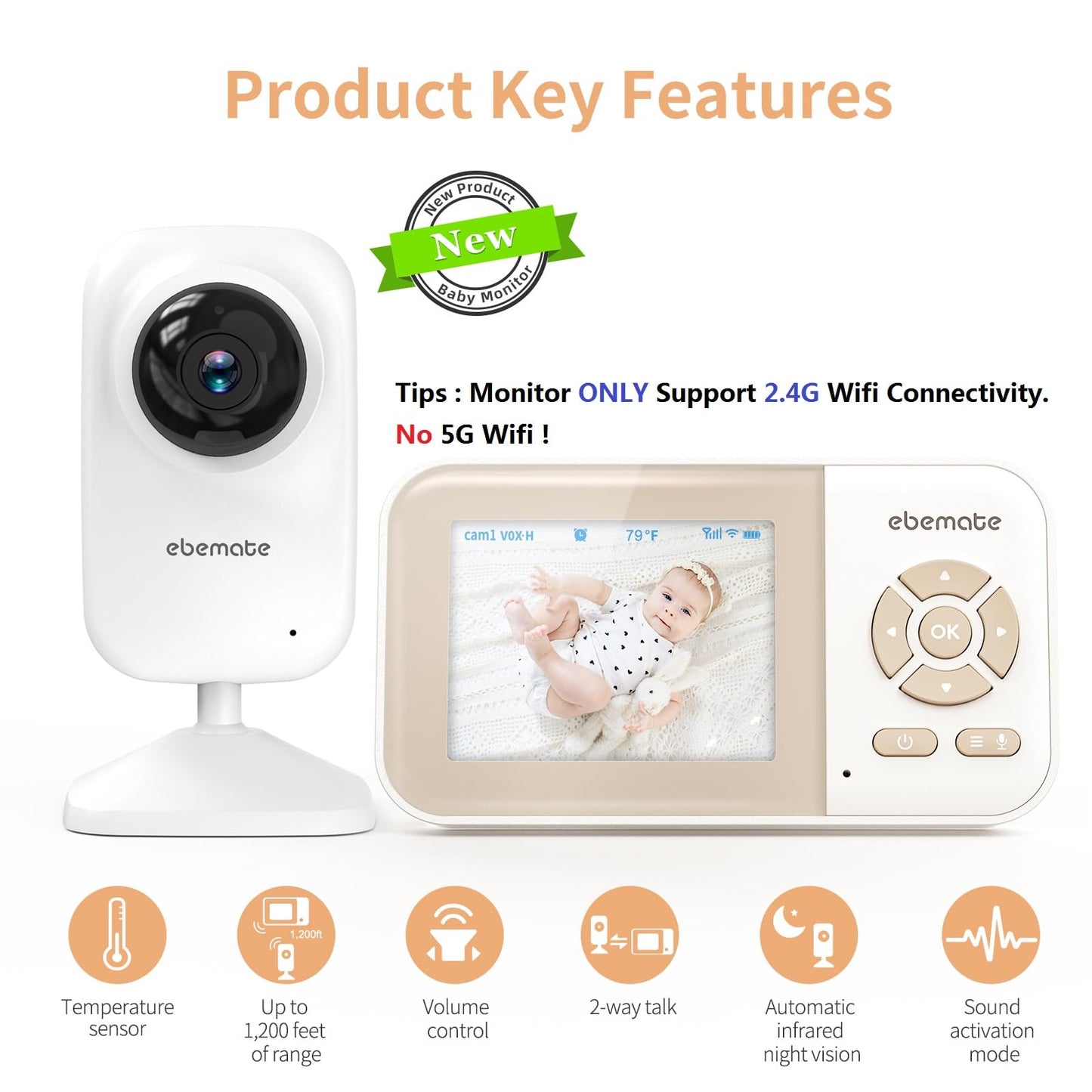 ebemate Video Baby Monitor Camera,2-Way Talk Audio Cam Monitor with Lullabies Baby Monitoring with 2.8" LCD Screen-EB29