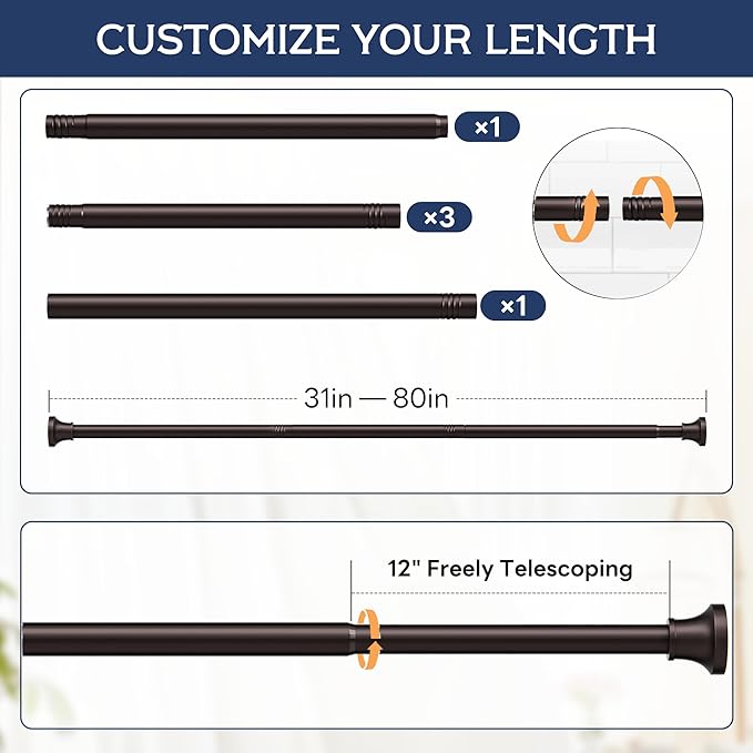 Adjustable Shower Curtain Rod 31-80 Inch, Never Rust Stainless Steel Brown Tension Rod, 1" Heavy Duty No-Drill for Bathroom, Kitchen & Closet