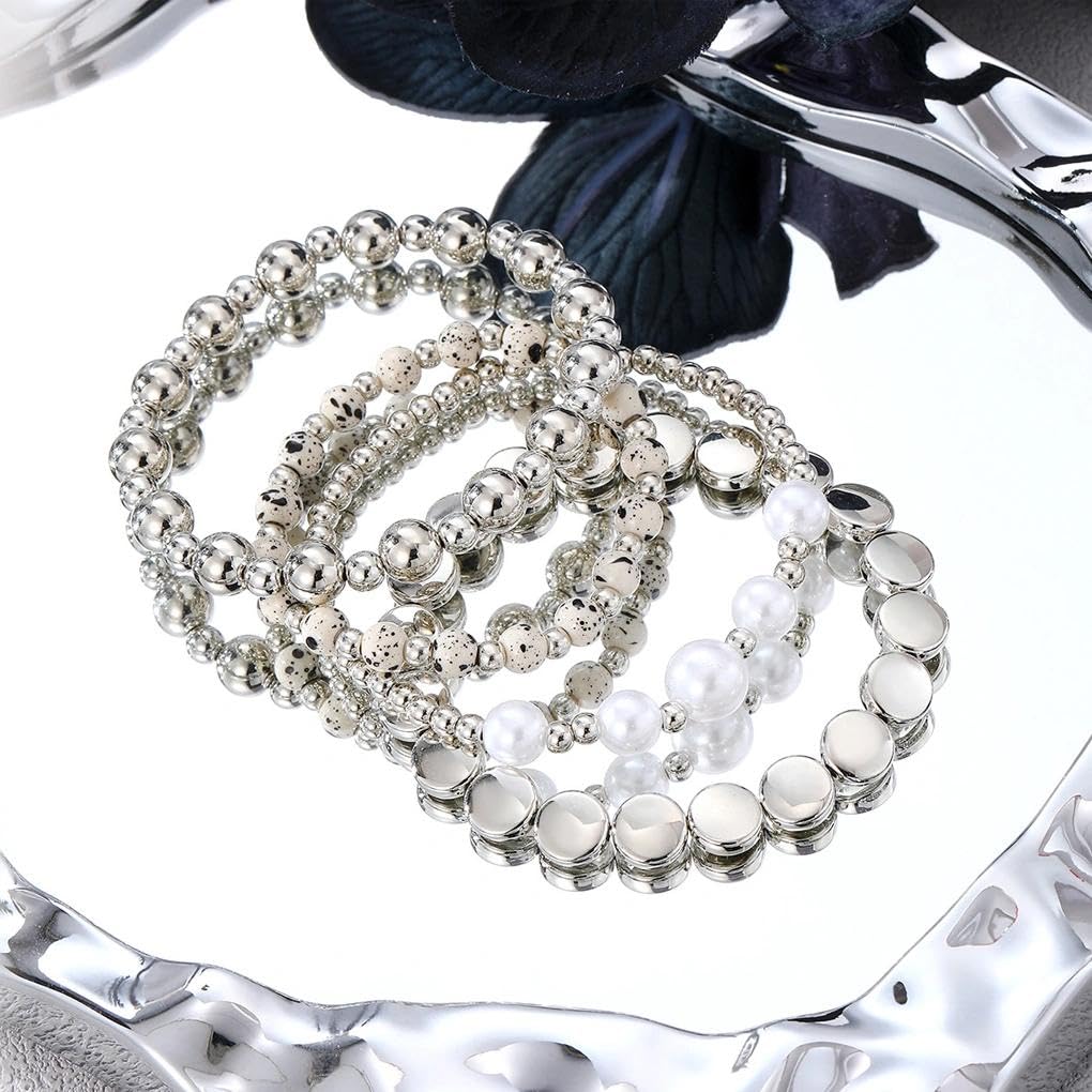 Mexegy Layered Silver Plated Pearl Beaded Stretch Bracelet for Women,Stacked Disc Coin Bead Elastic Bracelets Bohemian Party Holiday Jewelry Accessories Gift(Silver)