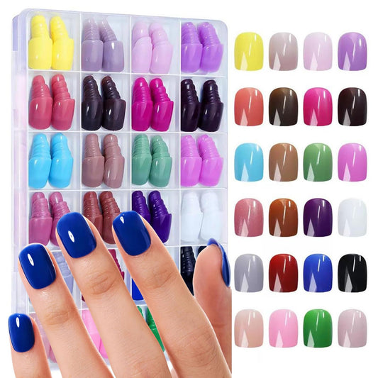 576Pcs Short Square Press on Nails Glossy Summer Fake Nails with Designs Full Cover Color False Nails 24 Solid Color Glue on Nails Reusable Acrylic Stick on Nail Set for Women Girls Nail Art DIY
