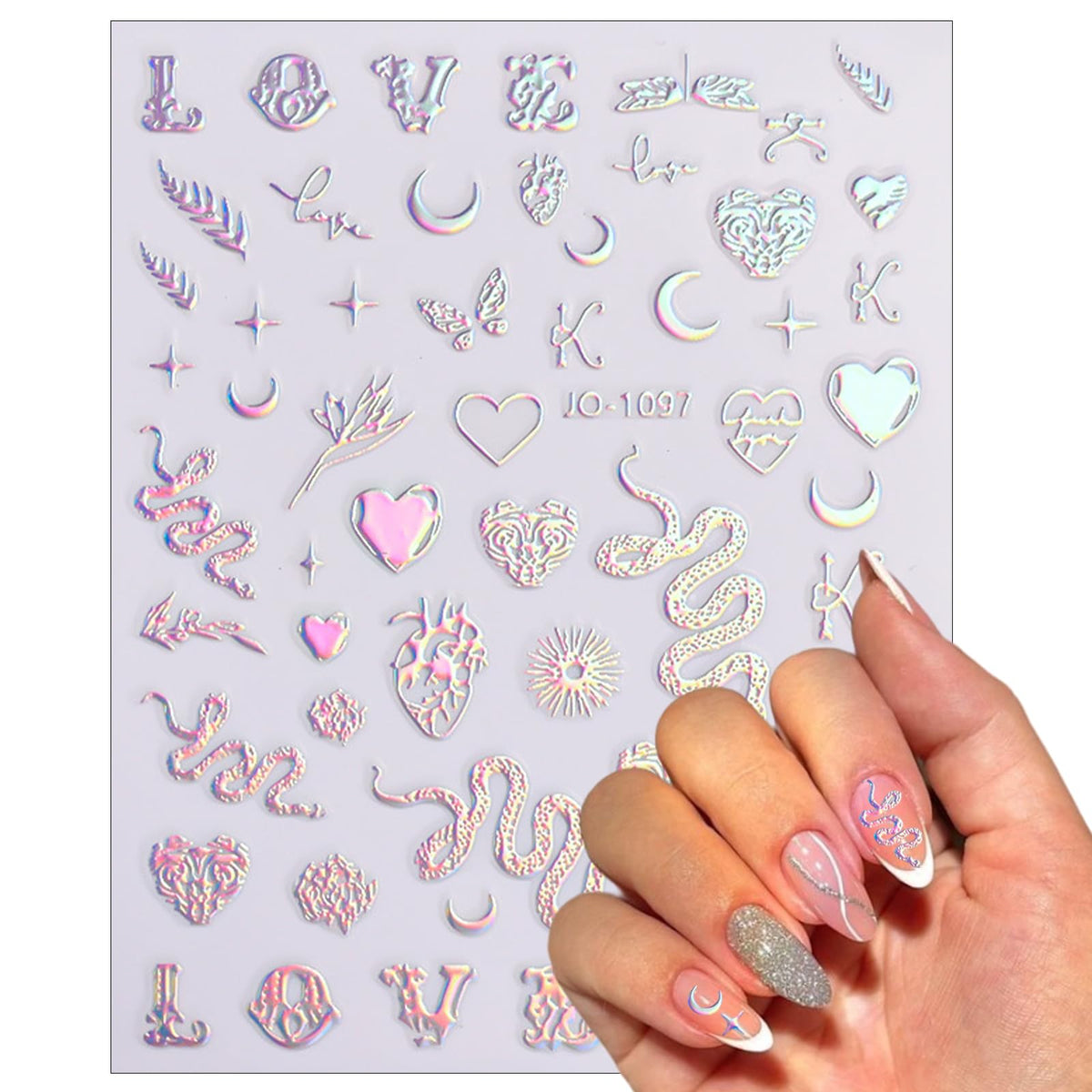 5 Sheets Aurora Silver Snake Nail Art Stickers 3D Self-Adhesive Laser Nail Decals Stars Sun Moon Line Holographic Designs Nail Stickers for Women Girls DIY Manicure Supplies