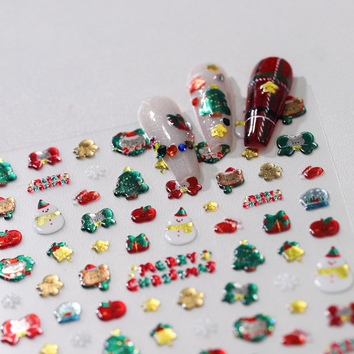 Christmas Nail Art Stickers 5D Embossed Cute Snowman Nail Stickers Self-Adhesive Christmas Eve Fruit Xmas Tree Stocking Nail Decals for Women Girls Winter Holiday Manicure DIY Nail Supplies