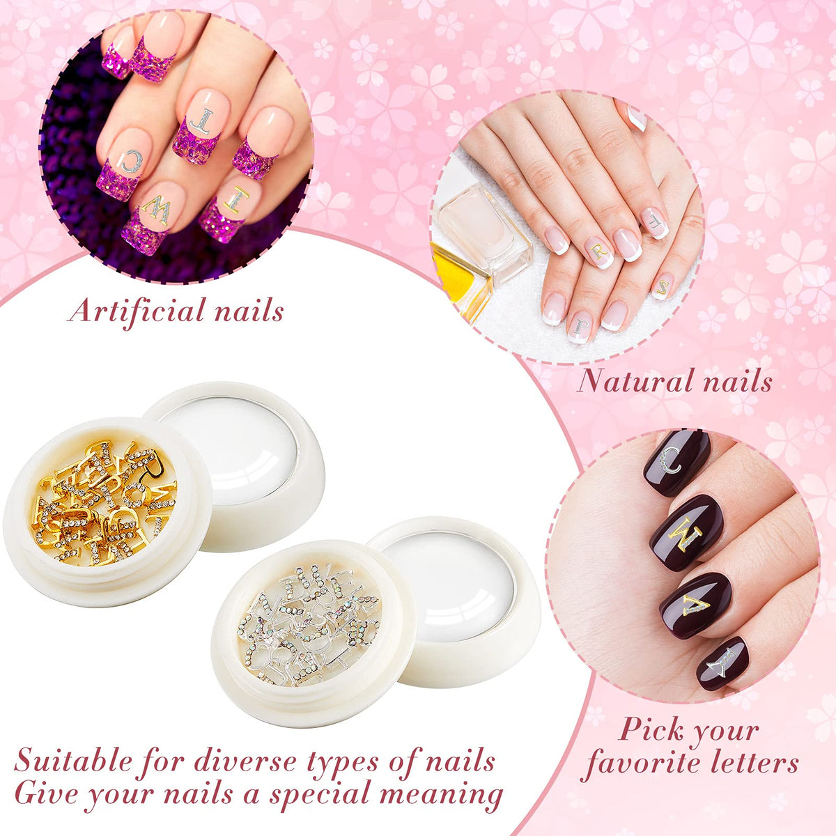 Maitys 104 Pcs Gold Silver Letter Nail Charms 3D Capital Charms Studs Letters and Rhinestone Crystal Nail Decals English Alphabet Fingernail Art Decoration for Women Female DIY Fingernail Art