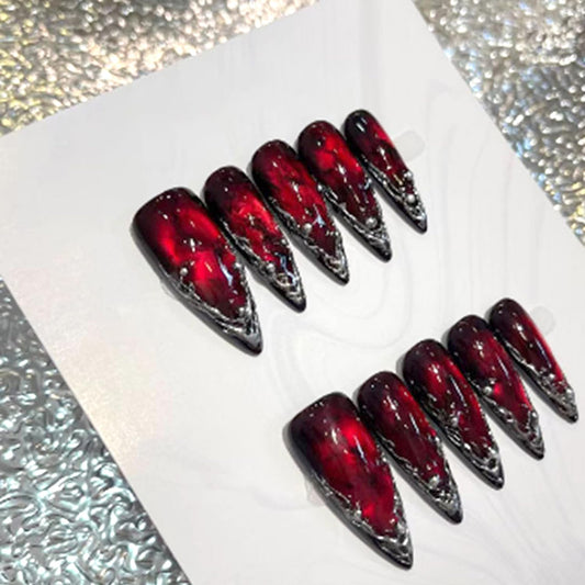 24Pcs Wine Red Press on Nails Long Pointed Almond Fake Nails French Nails Tip with Irregular Silver Design Glossy Y2k Acrylic False Nails Irregular Goth Artificial Nail Glue on on Nails for Women