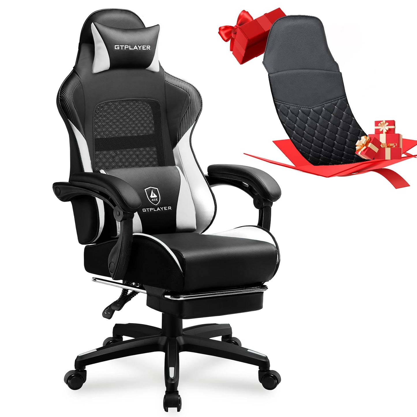 GTPLAYER Gaming Chair, High Back Leather Computer Game Chair with Footrest, Ergonomic Height Adjustable Office Chair with Removable Cover and Lumbar Support for Gaming and Work (WT,with Leather Cover)