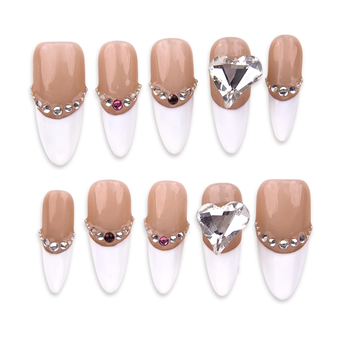 SIYOU Beauty | Gemstone French | Light Brown and White French Tip Rhinestone Long Almond Press On Nails for Women (Small) - Reusable, Salon-Quality Fake Nails (10pc)