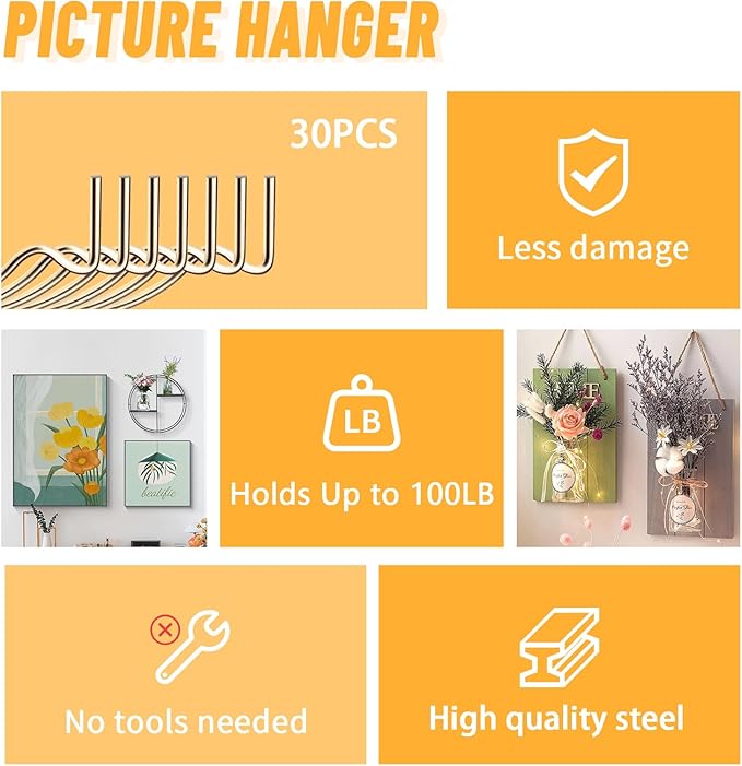 FURHUA 30pcs Aeneous Super Hook Picture Hangers and Office Pack, Drywall Hooks for Hanging Pictures, Wall Hooks, Picture Hangers, Picture Hanging Kit，Hang Art, Clock, Shelves, Mirrors