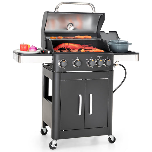 Captiva Designs 4-Burner Propane Gas BBQ Grill with Side Burner & Porcelain-Enameled Cast Iron Grates, 46,700 BTU Output for Outdoor Cooking Kitchen and Patio Backyard Barbecue, Black