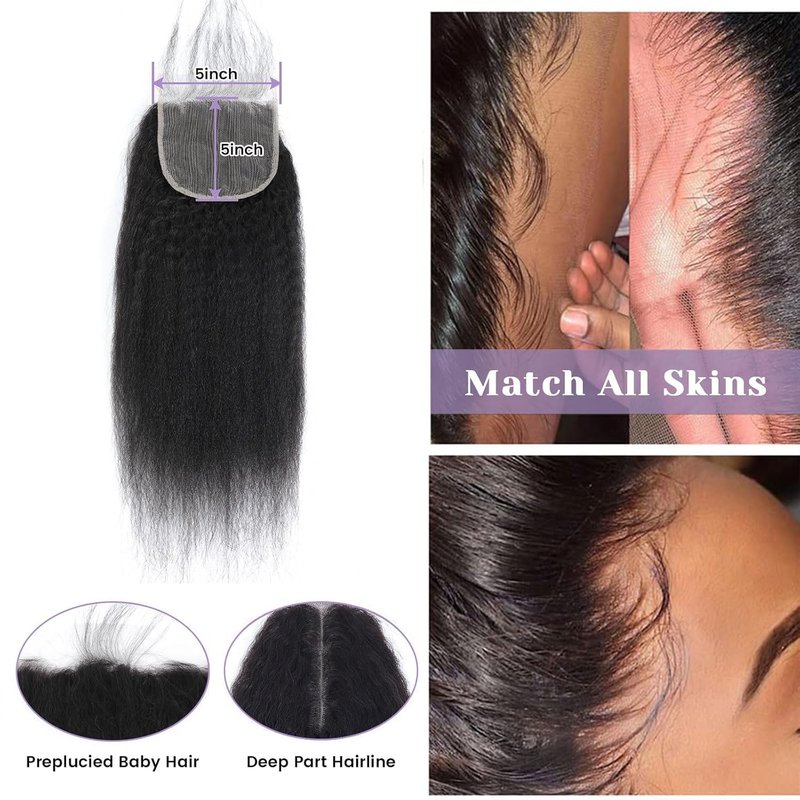 Selina Hair 5x5 Lace Closure Human Hair Kinky Straight Free Part Yaki Brazilian Virgin Hair Natural Black Color 18 Inch