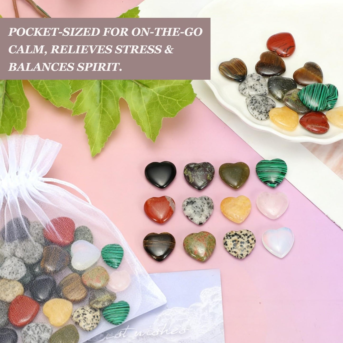 uxcell 5 Pcs Polka Dot Stone Crystal Stones Heart Shaped, 2 cm Tumbled Stones and Crystals, Polished Gemstone Rocks for Women Gifts Meditation Crafting Home Decor