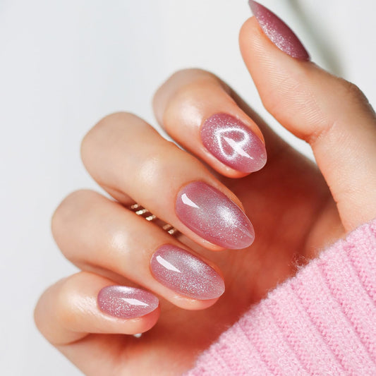 LAMIMOSA 32Pcs Cat Eye Press On Nails Short Almond – Soft Gel Fake Nails in 16 Sizes, Reusable Glue on Nails Kit, SWEETHEART