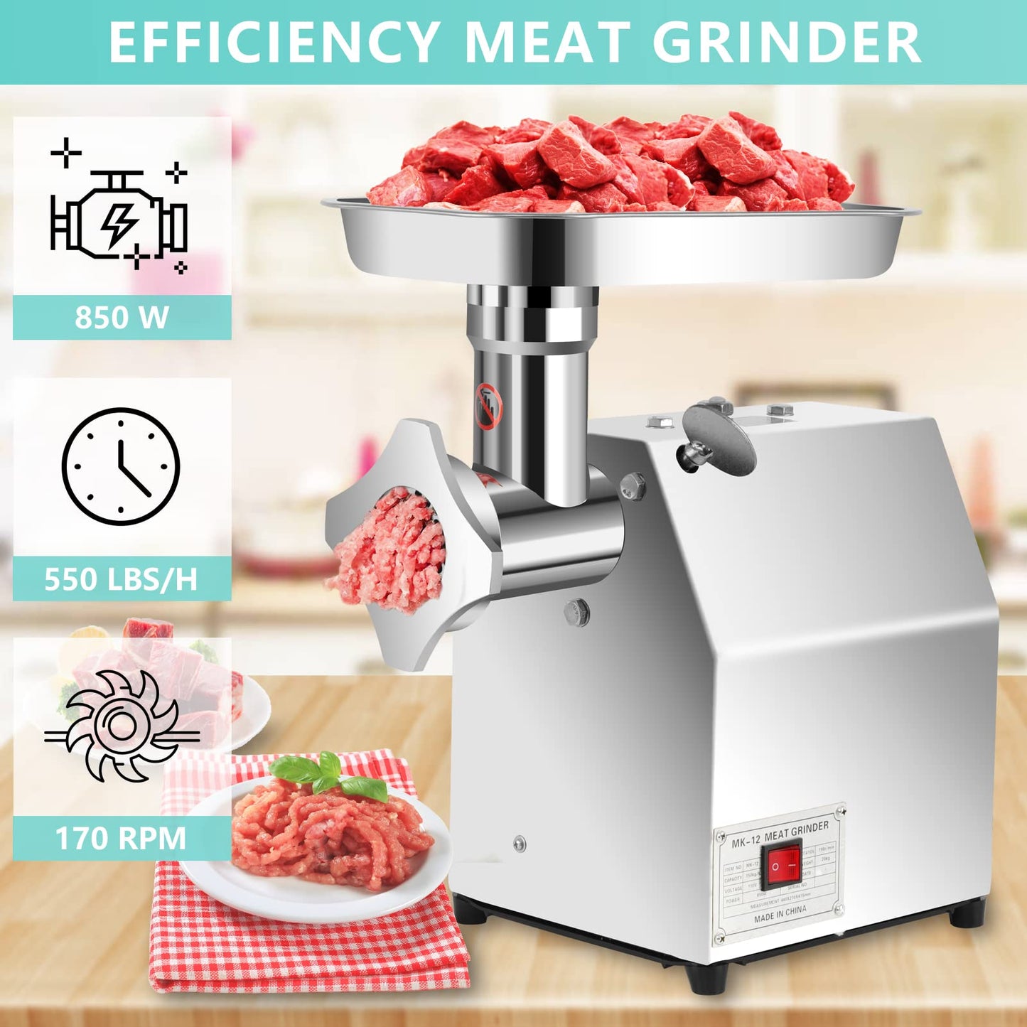 DIYAREA Commercial Meat Grinder, 850W 550LB/H Stainless Steel Electric Meat Mincer with 2 Blades, 2 Plates, Sausage Stuffer Tube, Heavy Duty Sausage Maker & Kibbe Kit for Home Kitchen Use, Restaurants