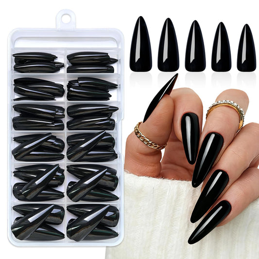 144pc Black Press on Nails Long Stiletto Fake Nails with Glue Tabs, Black Nails Press ons Nails Stiletto Glue on Nail Pointy Acrylic Nails Stick False Artificial Fingernail for Women Girls