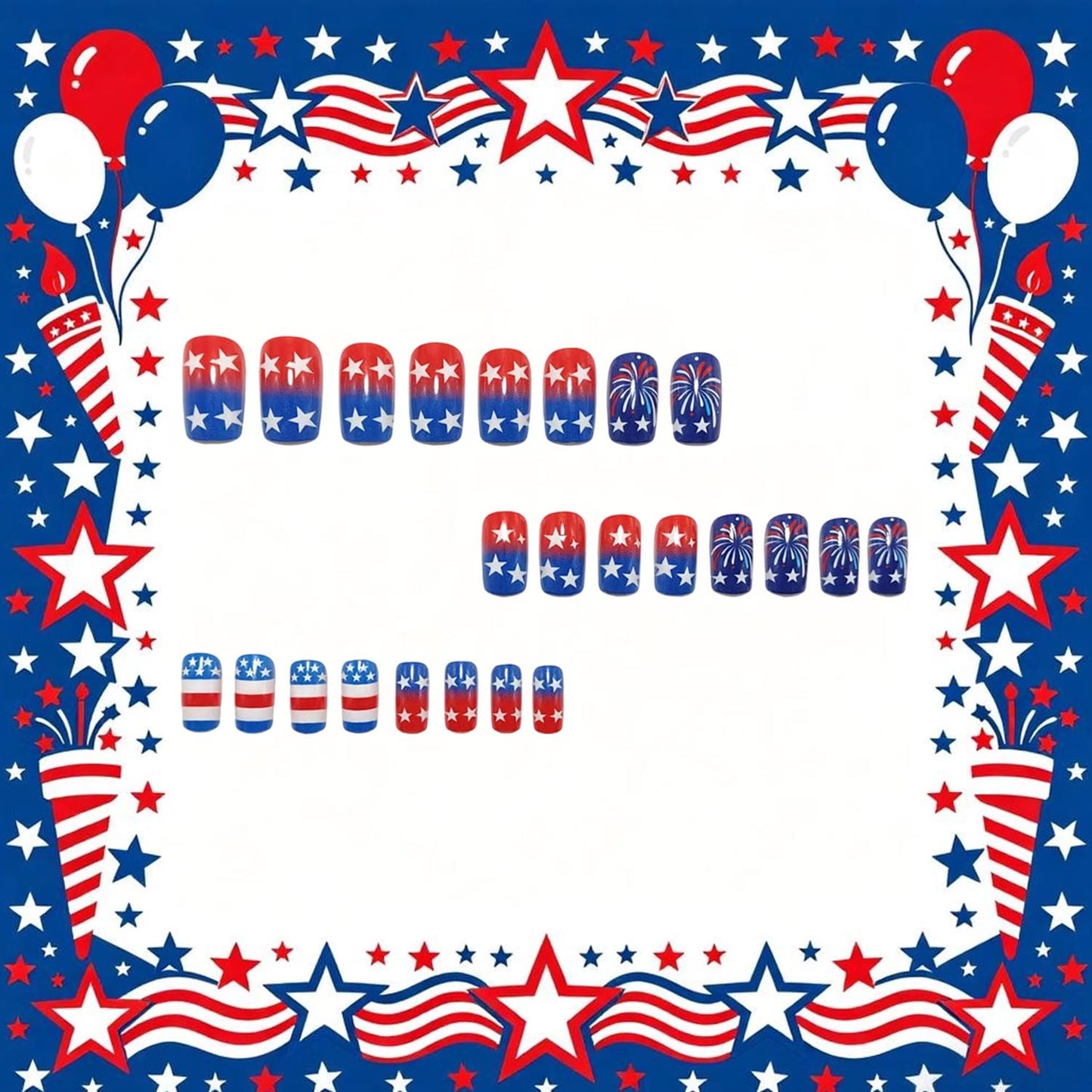 Independence Day Press on Nails Medium Square French Fake Nails Gradient Red White Lines with Stars Fireworks Glossy Acrylic Nail 4th of July Glue on Artificial Fingernails for Women Festival Manicure