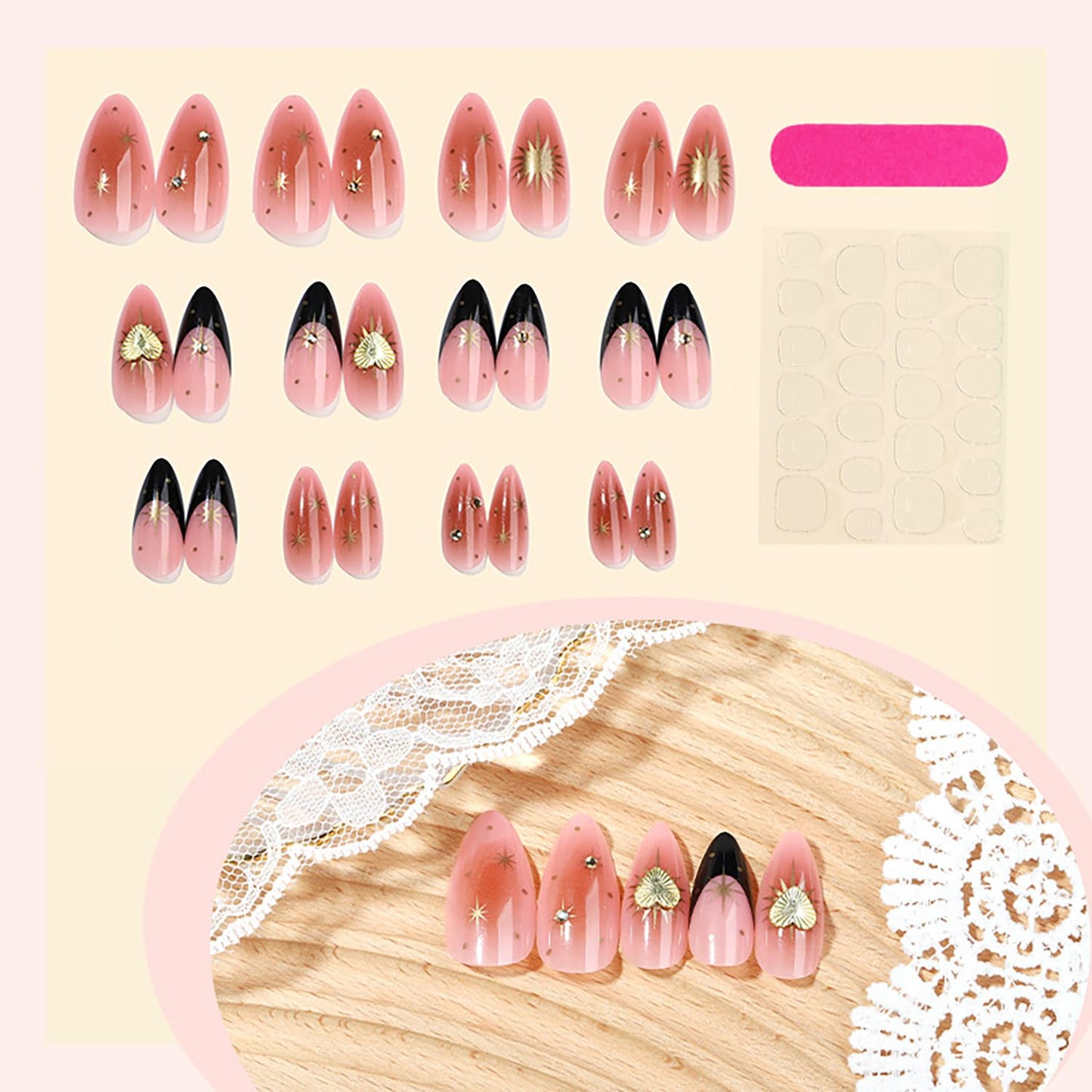 24pcs Press On Nails Almond Medium Fake Nails French With Gold Star Heart Design Gradient Nail Press Ons Glossy Full Cover False Acrylic Nails Reusable Glue On Nails For Women Girls
