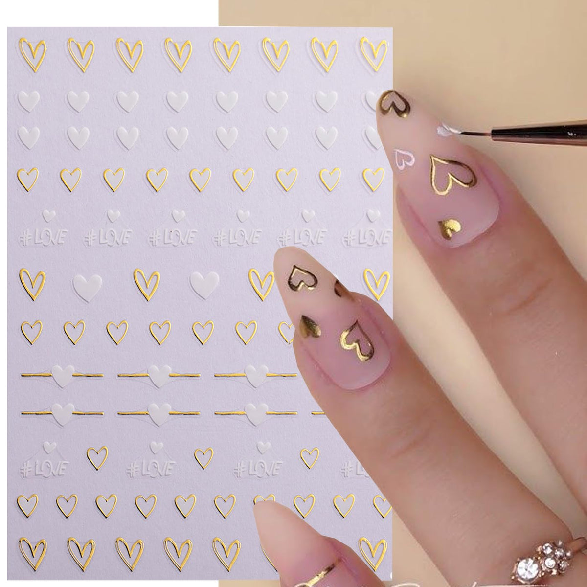 Heart Nail Stickers Decals for Nail Art, 6Sheets 3D Self Adhesive Hearts Nail Art Stickers for Women Gold Black White Red Heart Love Patterns Elegant Design DIY Valentines Manicure Accessories