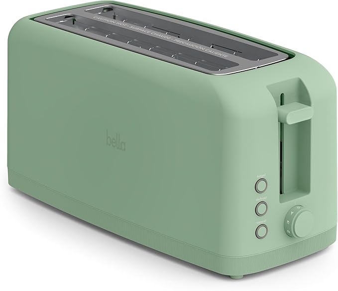 bella 4 Slice Slim Toaster, Fits-anywhereâ¢ Kitchenware, 6 Setting Shade Control with Reheat & Cancel Buttons, Fits Sourdough, 10â Long Slot, Anti Jam & Auto Shutoff, 900 Watt, Seaglass