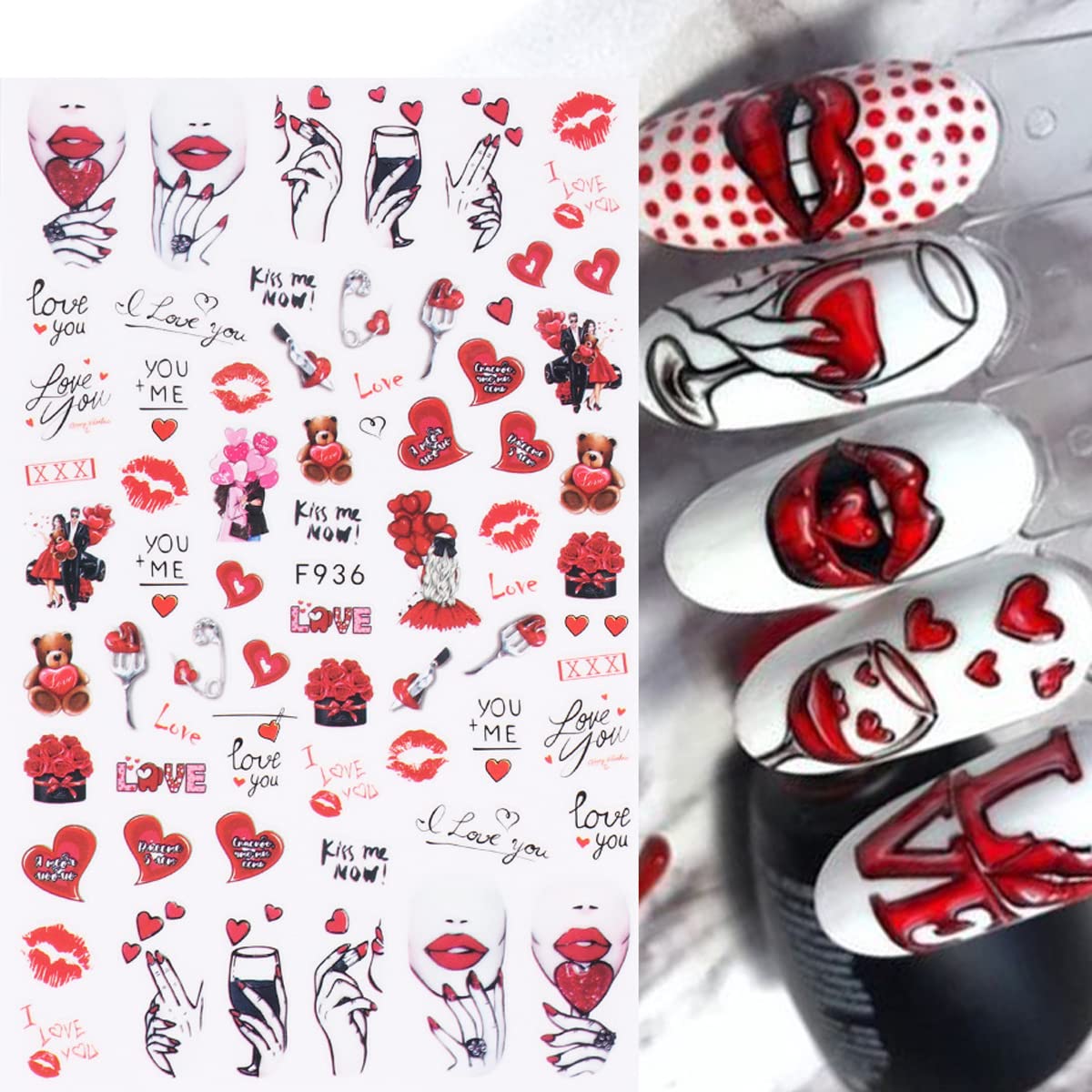 8 Sheets Valentine's Day Nail Art Stickers Decals,3D Self-Adhesive Nail Art Supplies Red Rose Lovers Lips Gnomes Designs Sticker Romantic Love Heart Manicure DIY Nail Decorations for Women Girls