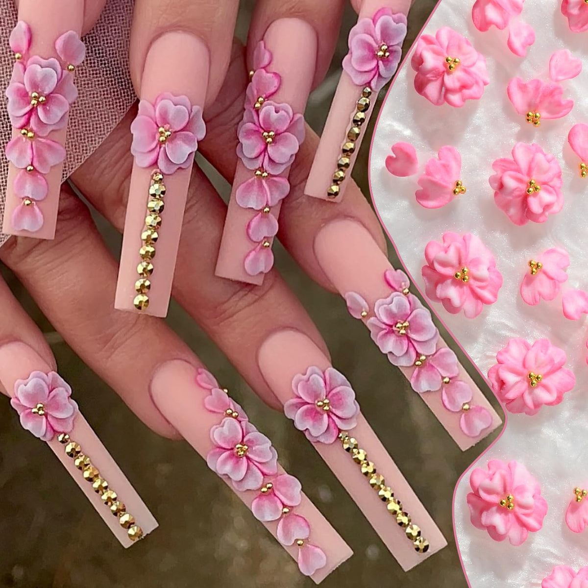 BAIYIYI 30PCS Handmade Acrylic Flowers Nail Art Charms Cute Y2K Summer Floral with Caviar Beads Design High-end Craved Flower Petal Nails Charms for Women Profession Nail Art Craft Jewelry