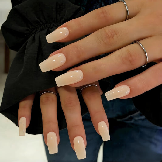SXVME Press On Nails Long Square - Sheer Nude Press on Nails with Glue for Women, Natural Skin Tone Fake Nails Press ons Medium, Glossy Soft Gel Glue on Nails Coffin, Reusable Nail Stick Ons, 24 Pcs