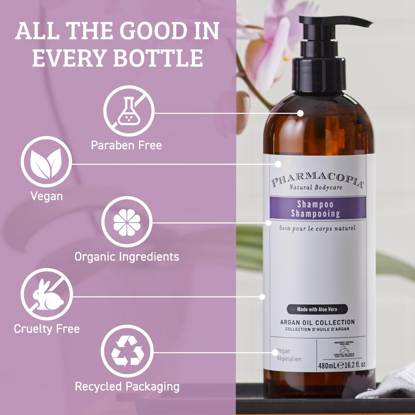 Pharmacopia Hotel Argan Oil Shampoo – Natural Hair Care with Plant Based & Organic Ingredients - Aloe Vera wtih Green Tea and Melon Essence - Vegan, Cruelty Free, No Paraben, 16.2 oz