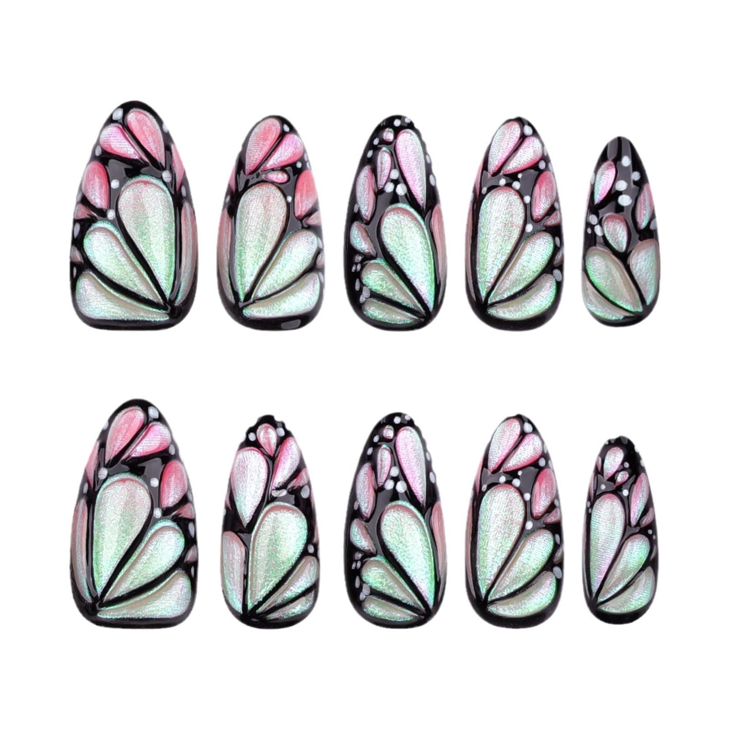 3D Butterfly Wing Press On Nails Almond - 24PCS Pink Iridescent Medium Fake Nails with Design, Glossy Reusable Stick On Nails for Women, Cute Nail Art for DIY, Party, Daily Wear