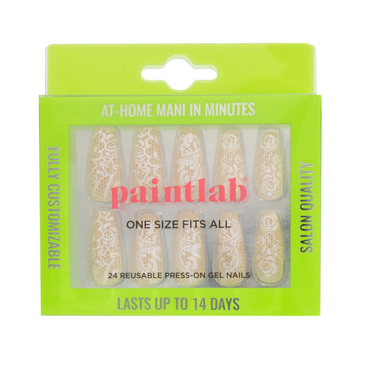 PaintLab Press On Nails - Beige Lace Coffin Fake Nails, 30 Nails in 15 Sizes with Glue, Reusable Salon Quality Press On Nails