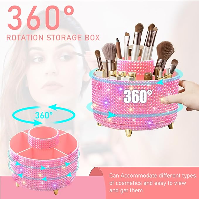 Diesisa Bling Diamond 360° Makeup Brush Holder Organizer, Rotating Makeup Brush Organizer,5 Slot Make up Brushes Cup for Cosmetics, Vanity Desktop Organizer, Gift for Women Teen Girls- Diamond Pink